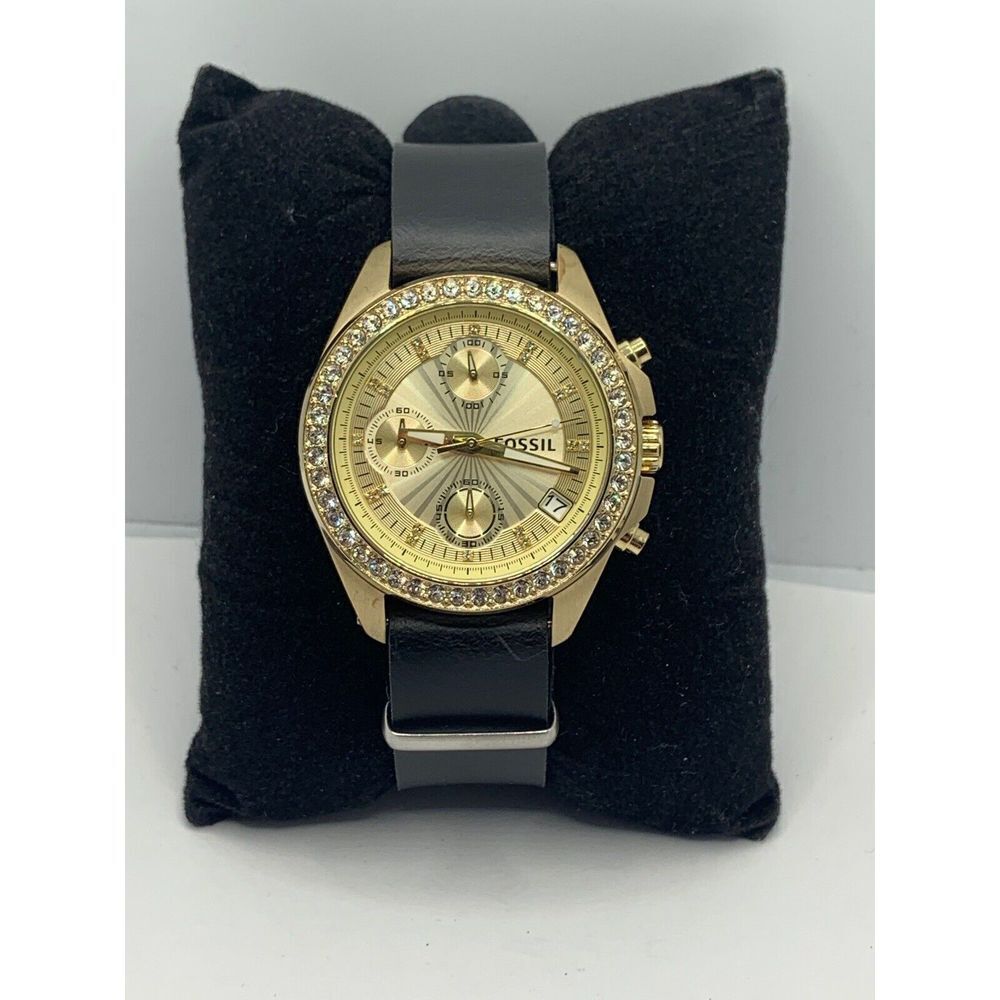 Fossil ES2683 Women Black Leather Analog Champagne Dial Quartz Wrist Watch JD358